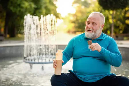 ältere Mann mit Shake und Riegel