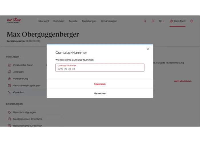 Cumulus-Nummer im Kundenkonto eintragen